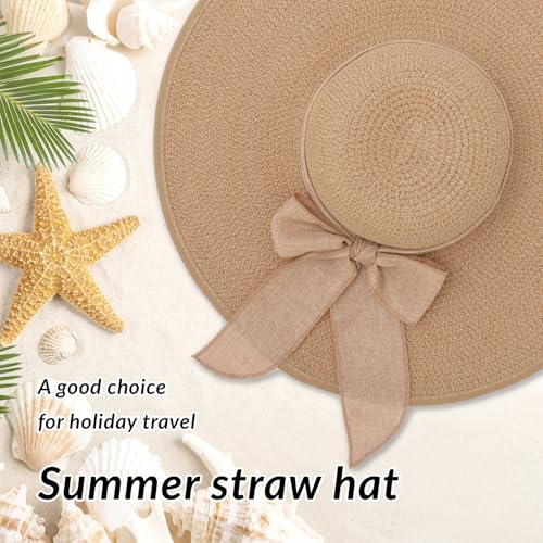 Oweisong Sun Beach Hats for Women Trendy Summer Vacation Straw Hat Boho Bow Wide Brim Packable Hat - color: Khaki