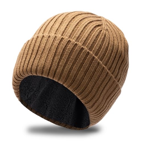 Oversize Wool Kitted Beanie Big Head Men Women Sports Cuffed Cap Dad Winter Warm Fleece Linned Skullies - color: Dark Khaki