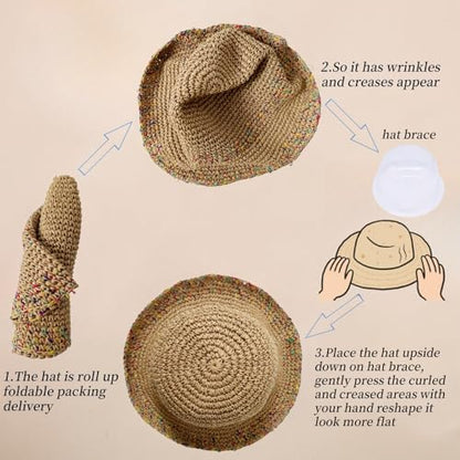 Floppy Big Beach Straw Hats for Women Foldable Summer Wide Brim Packable Sun Hat Womens Travel Straw Fedora Hat - color: C-khaki