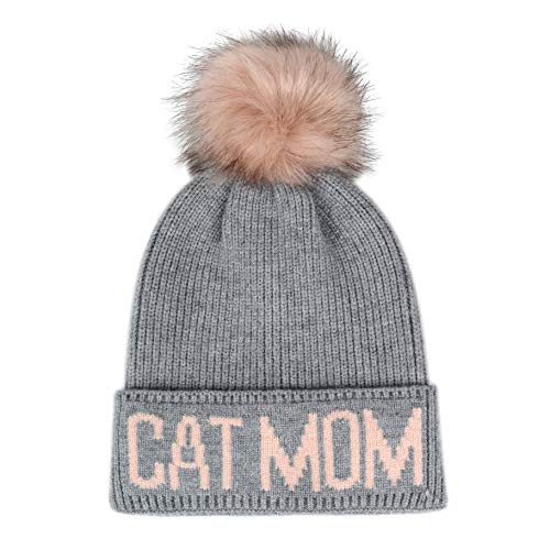 Cat Mom Cat Dad Beanie Collection – Jacquard Pom Pom Hats & Double-Layer Embroidered Beanies for Pet Lovers - color: Grey Hat Pink Cat Mom