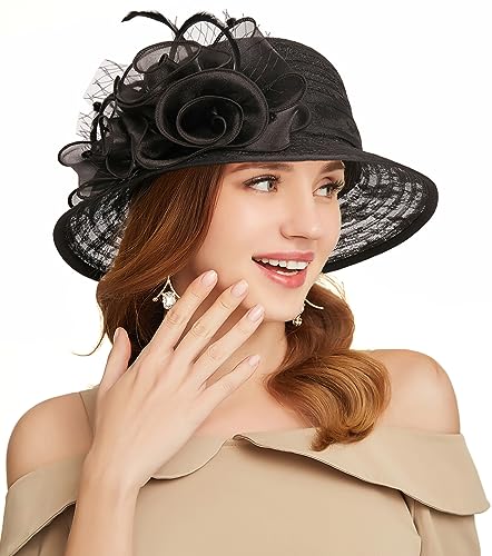 Women's Kentucky Derby Church Dress Hat Wide Brim Leaf Flower Bridal Shower Hat - color: R1 Black
