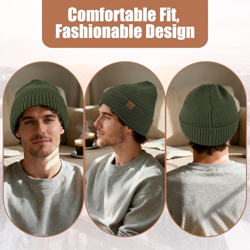 Unisex XXL Winter Hat, Fleece Lined Beanie Skull Cap Thermal Beanies Warm Ski Hat for Cold Weather - color: Olive Green