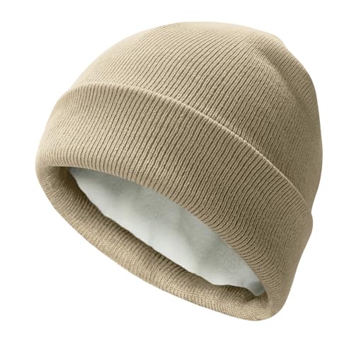PFFY Beanie for Men Women Unisex Knit Cuffed Winter Thick Lined Beanies Hat - color: Pure Darkbeige