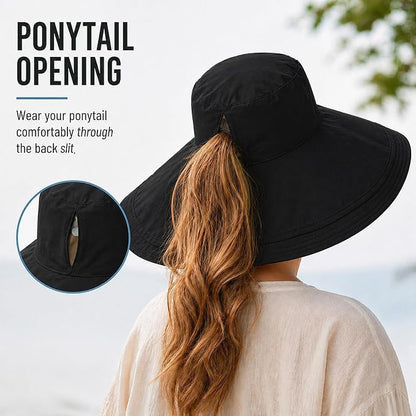Wide Brim Sun Hat for Women Reversible Beach Bucket Summer Hats Ponytail - color: Black