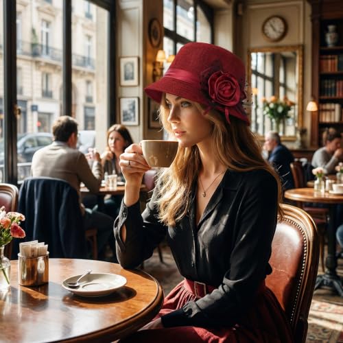 1920s Style Wide Brim Church Hat for Women with Floral Decor - color: Red-1