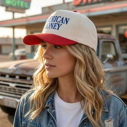 D&Y Retro 2-Tone Canvas Baseball Cap for Women - Funny Embroidered Distressed Snapback, Adjustable Cotton Dad Hat - color: American Honey-red