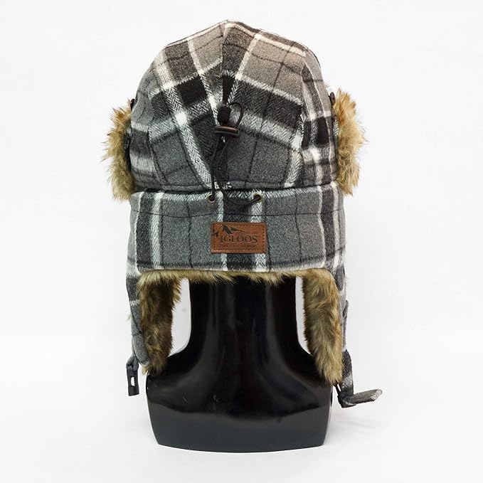 IgloosBuilt Men’s Wool Blend Trapper Hat with Faux Fur Ear Flap, Ushanka Winter Hat for Hunting, Fishing, Hiking, Camping - color: Gray/Black/White Plaid, size: Medium-Large