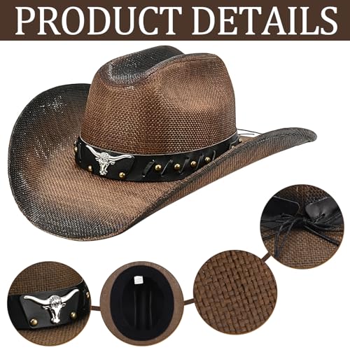 Straw Cowboy Hat with Western Leather Belt Set 3.75 Inches Wide Brim