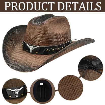 Straw Cowboy Hat with Western Leather Belt Set 3.75 Inches Wide Brim