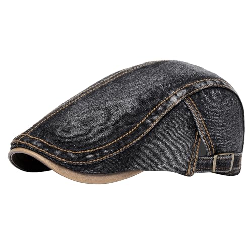 SEAUR Denim Newsboy Hats for Men Adjustable Flat Ivy Gatsby Cabbie Driving Beret Hat Breathable Cotton Golf Cap Unisex - color: Black