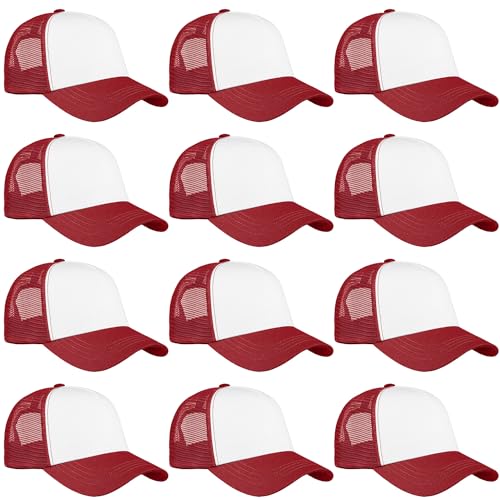 Falari 12 Pack Bulk Wholesale Mesh Trucker Hats 5 Panel and 6 Panel Baseball Caps for Men and Women - color: 5 Panel - Burgundy