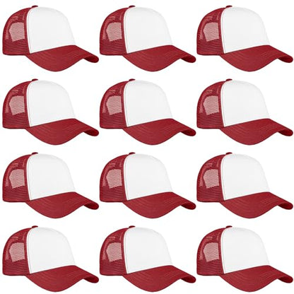 Falari 12 Pack Bulk Wholesale Mesh Trucker Hats 5 Panel and 6 Panel Baseball Caps for Men and Women - color: 5 Panel - Burgundy