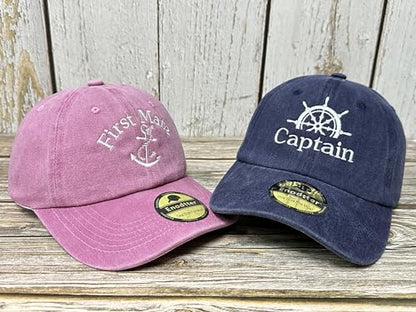 Embroidered Captain & First Mate Baseball Caps Set for Men Women - color: Captain First Mate (Navy Blue & Washed Pink)
