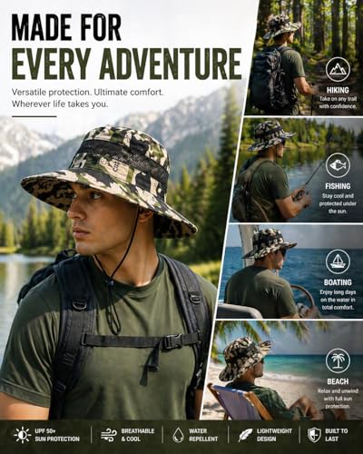 Camo Bucket Sun Hat with Mesh Band and Chin Strap, Wide Brim Boonie Hat for Outdoor Activities - color: Woodland White Camo