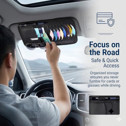 Car Sun Visor CD Holder, Leather Anti-scratch Protective Storage Pouch, Large Capacity Layered Organizer for CD Sunglass Card Pen, Clip-on Sunvisor Accessory for Most Cars (Black)