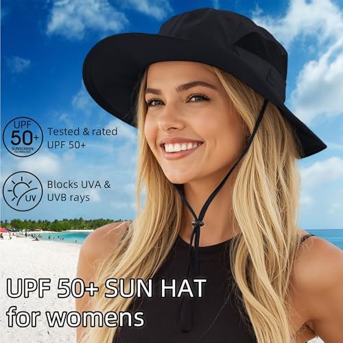 Connectyle Women's UPF 50+ Sun Hat UV Protection Wide Brim Bucket Hat Summer Beach Hats Fishing Hiking Outdoor Safari Hats - color: Black