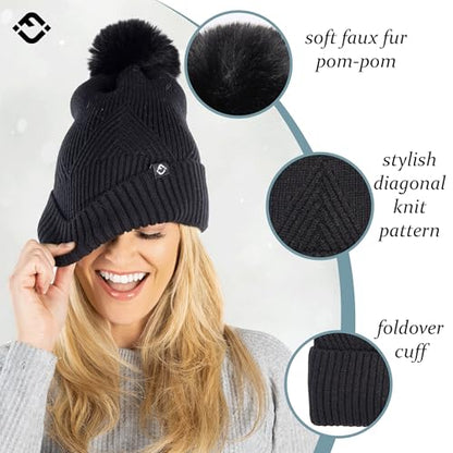 Funky Junque Basics Womens Pom Pom Beanie Winter Hats Cute Diagonal Pattern Fleece Lined Warm Stocking Caps Pompom Toboggan - color: Black