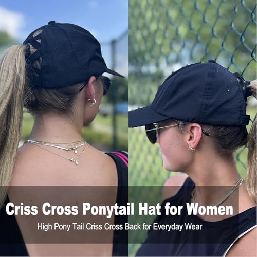 Women Criss Cross Ponytail Hat Mesh Quick Drying Baseball Cap High Messy Bun Ponycap Lightweight Outdoor Sports Hat - color: Black
