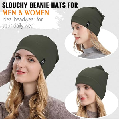 YANIKY Slouchy Beanie for Women, Mens Soft Cotton Beanie Hat, Double Layer Windproof Skull Cap for All Seasons - color: Military Green