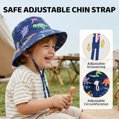 Toddler Bucket Hats UPF 50+ Baby Sun Hat Adjustable Kids Sun Protection Summer Hat Wide Brim Beach Hat for Boys Girls 0-6Y - color: Grey+dinosaur, size: 2-6 Years