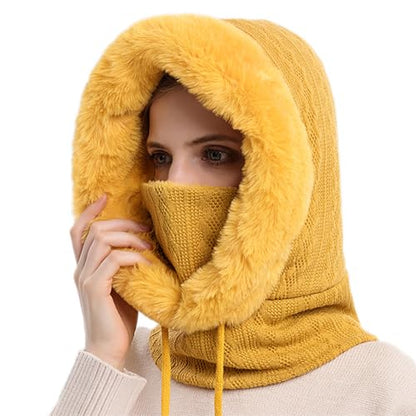 Women’s Knitted Beanie Hat with Face Cover - 3 in 1 Winter Balaclava with Mask Scarf Ear Muffs Pompom Fleece Lined Snow Caps - color: Yellow-c