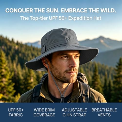 Sun Fishing Hat for Men UPF 50+ Wide Brim Boonie Hats for Summer - color: Light Gray