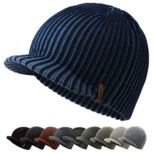 zowya Winter Visor Beanie Hat for Men & Women Brim Knit Skully Hats Billed Skull Cap Thick Vintage Contrast Color,1Hat - color: Navy