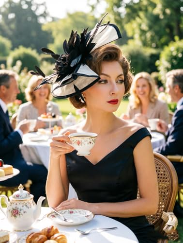 ORIDOOR Women Fascinators Derby Church Tea Party Wedding Flower Feathers Headpiece with Headband Clips - color: Black