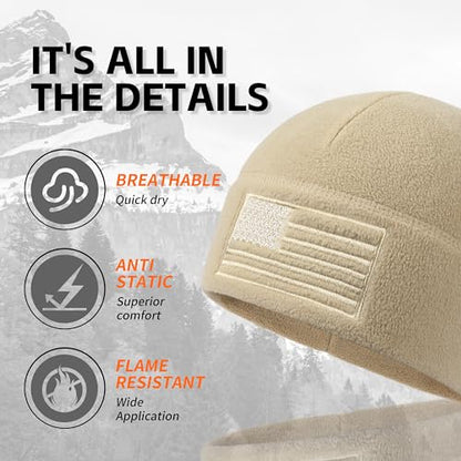 OUTDOOR SHAPING American Flag Fleece Beanie with Embroidered Patch Hat - color: Beige