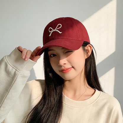 Unisex Bow Embroidery Baseball Cap Adjustable Outdoor Mom Sun Hat - color: Burgundy