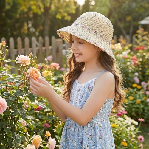 Womens Little Girls Summer Crochet Straw Bucket Hat Colorful Floppy Sun Shade Boonie Cap Wide Brim Beach Vacation Sun Hat - color: Beige, Pink Flowers, size: 2-5T