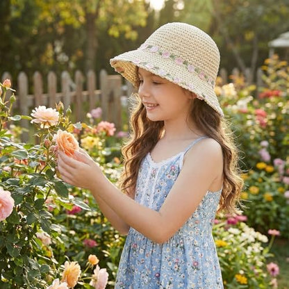 Womens Little Girls Summer Crochet Straw Bucket Hat Colorful Floppy Sun Shade Boonie Cap Wide Brim Beach Vacation Sun Hat - color: Beige, Pink Flowers, size: 2-5T