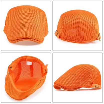 Xinveen Men's Mesh Cap Breathable Summer Newsboy Hat Adjustable Beret Ivy Cap Irish Cabbie Driving Hunting Hats - color: Orange
