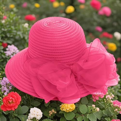 Haoohu Women's Church Derby Hat Wide Brim Bow Bucket Hat Wedding Dress Hat Fascinator Bridal Tea Party Hat - color: Rose Red