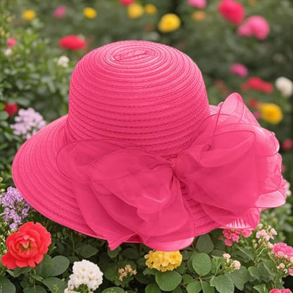 Haoohu Women's Church Derby Hat Wide Brim Bow Bucket Hat Wedding Dress Hat Fascinator Bridal Tea Party Hat - color: Rose Red
