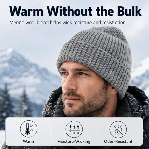 Oversize M/L/XL/XXL Merino Wool Beanie Hat for Men & Women - color: Light Grey, size: Medium-Large