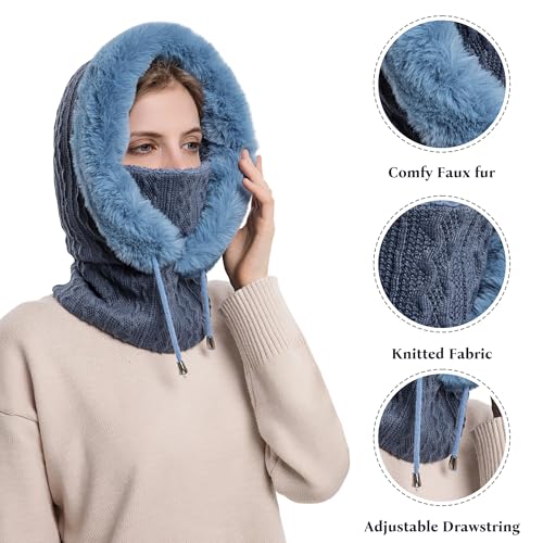 HUAMULAN Women Cable Knit Balaclavas Winter Fleece Lined Beanie Hat - color: Blue