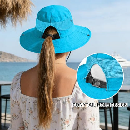 Rosoz Ponytail Sun Bucket Hats for Women UV Protection Foldable Wide Brim - color: 2pack-pure Blue&pure Purple