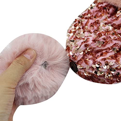 Women Sparkly Sequins Knitted Beanie Hat Warm Winter Skull Cap with Faux Fur Pom Pom - color: Pink