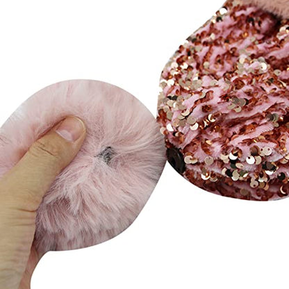 Women Sparkly Sequins Knitted Beanie Hat Warm Winter Skull Cap with Faux Fur Pom Pom - color: Pink