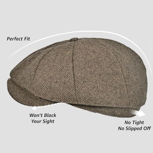 Mens Newsboy Cap High Woolen Tweed Gatsby Hat Ivy Cabbie Flat Golf Cap for Fathers Women Unisex - color: Herringbone Khaki, size: 7 1/8-7 1/4