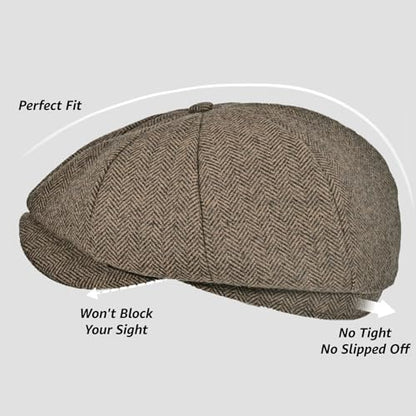 Mens Newsboy Cap High Woolen Tweed Gatsby Hat Ivy Cabbie Flat Golf Cap for Fathers Women Unisex - color: Herringbone Khaki, size: 7 1/8-7 1/4