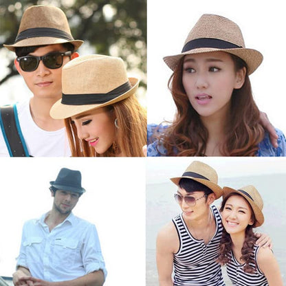 FALETO Unisex Summer Panama Straw Fedora Hat Short Brim Beach Sun Cap Classic - color: #01 Beige