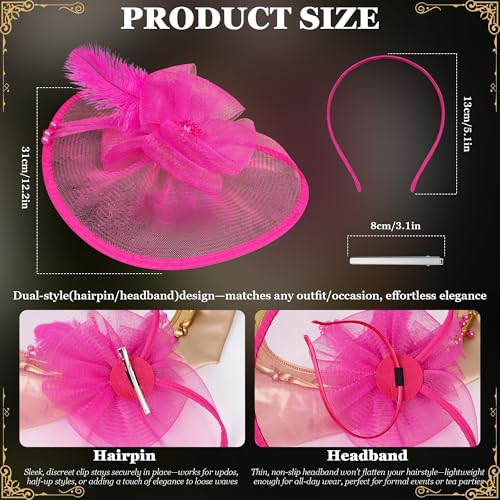Fascinators Hats for Women Tea Party Hat Vintage Feather Mesh Headband Hair Clip Flower Headwear for Wedding Cocktail Church - color: Rose Red