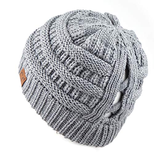 C.C Exclusives Soft Stretch Cable Knit Messy Bun Ponytail Beanie Winter Hat for Women (MB-20A) - color: 0 Criss-cross Lt Mel Grey