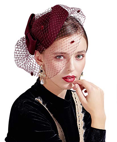 Z&X British Vintage Wool Felt Pillbox Hat Ladies Church Derby Winter Fascinator Hat Veil Flower Fedoras - color: 012 Wine Red