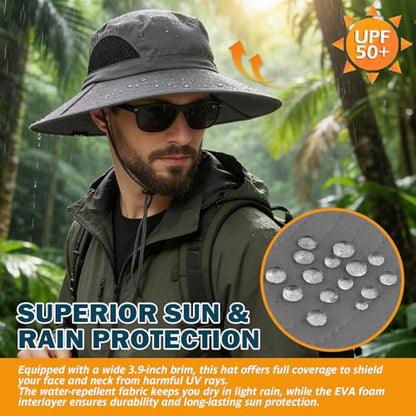 Wide Brim Sun Bucket Hat, Waterproof Boonie Hat for Men & Women - color: 01 Dark Grey