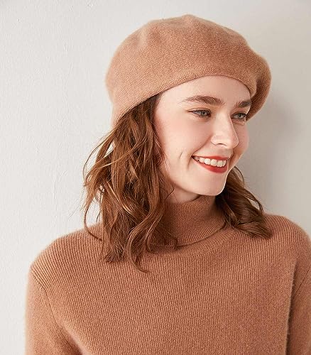 Cashmere Berets Beanie Hats Women Winter Warm Merino Wool Fashion Knit Cap - color: Gold Camel