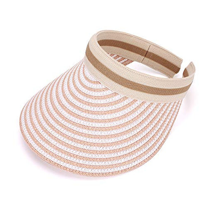 Women Summer Sun Hat Lady's Portable Beach Visor Bowknot Straw Hat - color: Pink Stripe