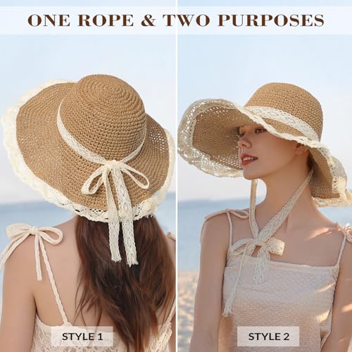 Beach Hats for Women, UPF 50+ Packable Floppy Lace Trim Sun Hat - color: Khaki